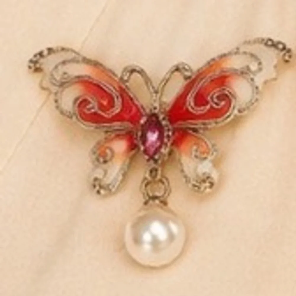 Enamel Butterfly Brooch Gold Tone Filigree Red Crystal Dangle Pearlescent Pin